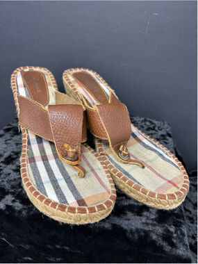 Burberry Nova Check Brown Leather Espadrille Wedge Sandals Women size 40 US 10